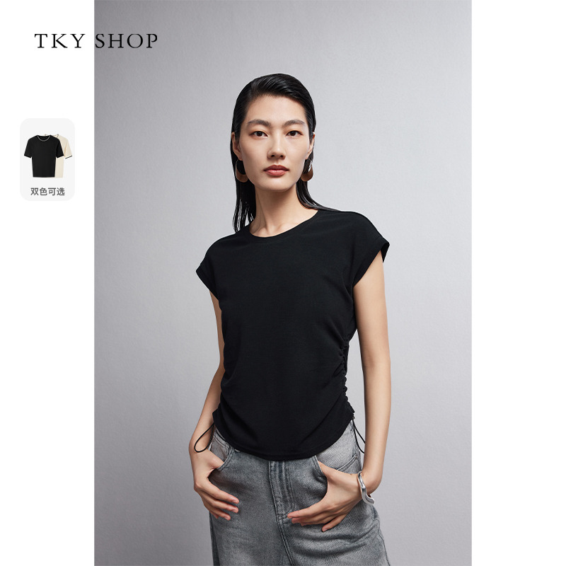 13269084.腰部抽褶设计感黑色薄上衣夏季新款休闲短袖T恤优雅气质