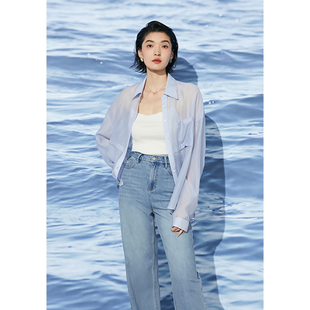 13268135.韩系长袖衬衫女夏季新品松弛感宽松蓝色衬衣清凉微透气质