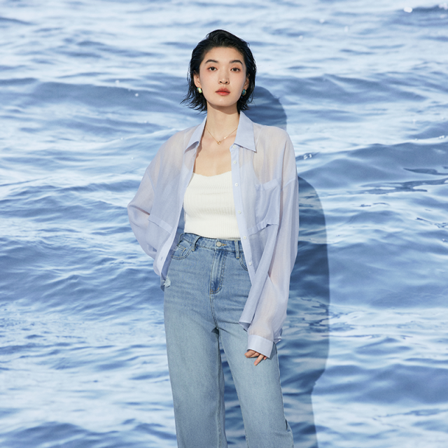 13268135.韩系长袖衬衫女夏季新品松弛感宽松蓝色衬衣清凉微透气质