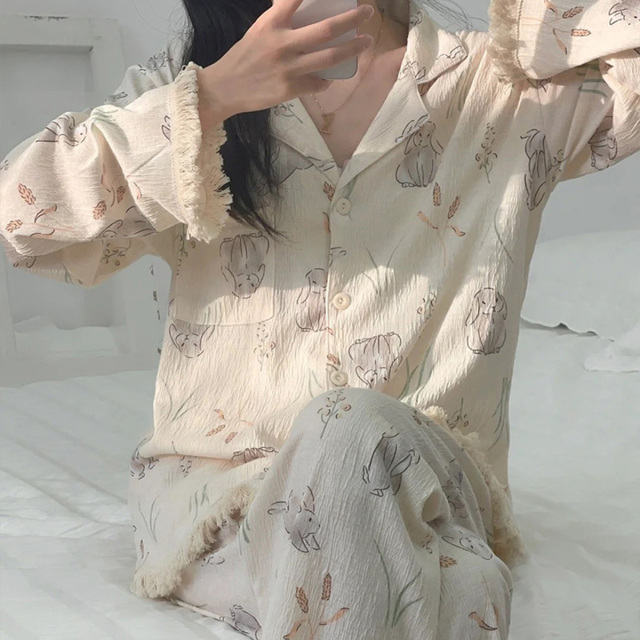 11069850.少宜睡衣套装家居服新款女士洋气长袖长裤宽松时尚女生女孩外出带胸垫女款大码夏季外穿春秋居家少年薄款初中生