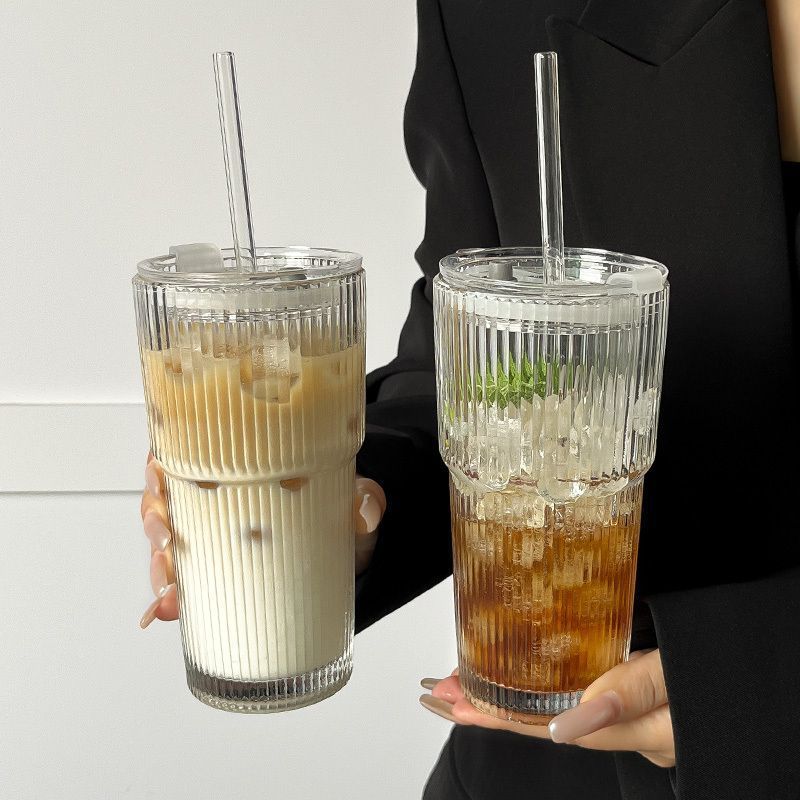 13493250.【日常必备咖啡杯】 青苹果大容量冷饮杯果汁咖啡杯带盖带吸管竖条纹玻璃杯水杯