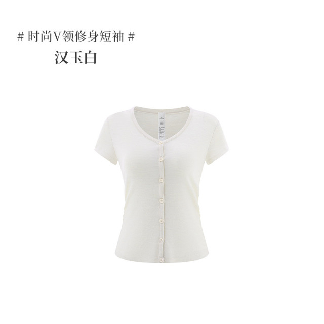 13537420.【凯特温斯顿】高奢纯羊毛(美丽诺)系列100%绵羊毛时尚V领修身短袖