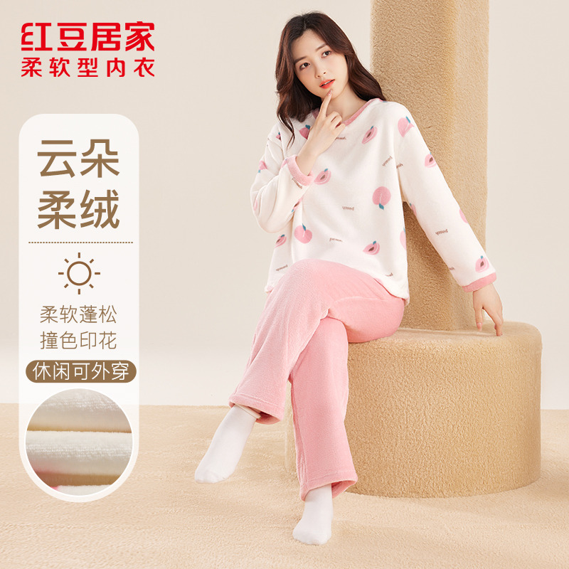12320328.女式印花珊瑚绒保暖睡衣套装