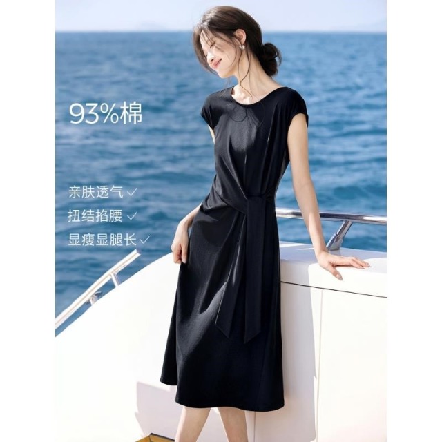13630556.【静奢棱线】2026夏新款中长款盖袖圆领扭结收腰显瘦多场合穿搭连衣裙