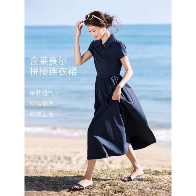 13630534.【午后咖啡馆】2026夏新款含莱赛尔休闲polo领拼接收腰慵懒出行短袖连衣裙