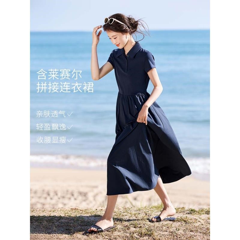 13630534.【午后咖啡馆】2026夏新款含莱赛尔休闲polo领拼接收腰慵懒出行短袖连衣裙