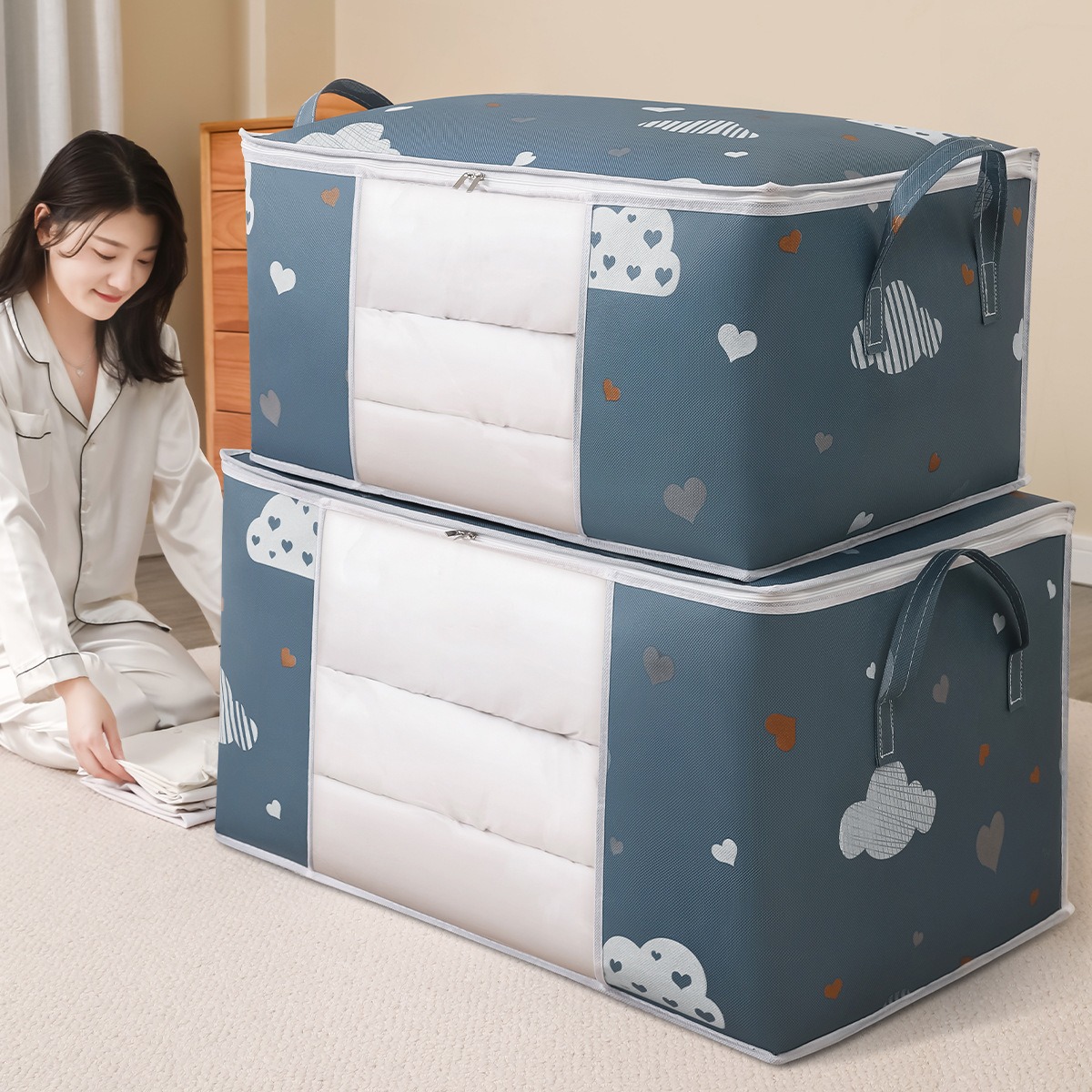 12394806.29.9到手4个!! 【云朵加厚棉被袋】折叠衣物整理袋手提拉链可视窗衣服衣柜储物袋子