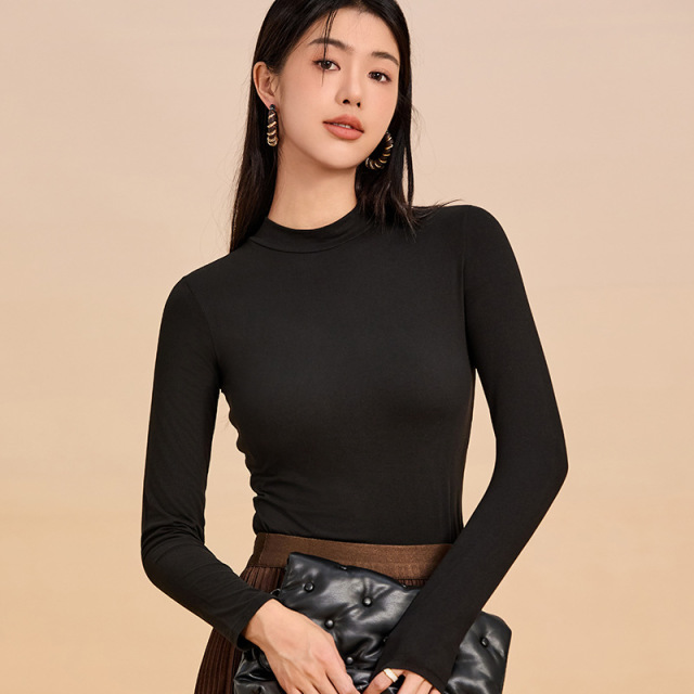 12677792.秋冬薄款打底衫女款玻尿酸内搭圆领修身显瘦长袖T恤半高领上衣