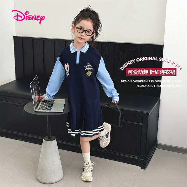 12075520.迪士尼DISNEY春新款长袖连衣裙学院风收褶中长款裙(N朱迪周末)