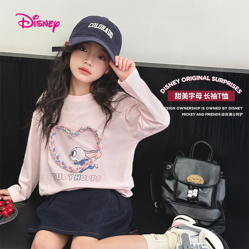 12075511.迪士尼DISNEY女童长袖T恤圆领个性上衣（N甜美字母）