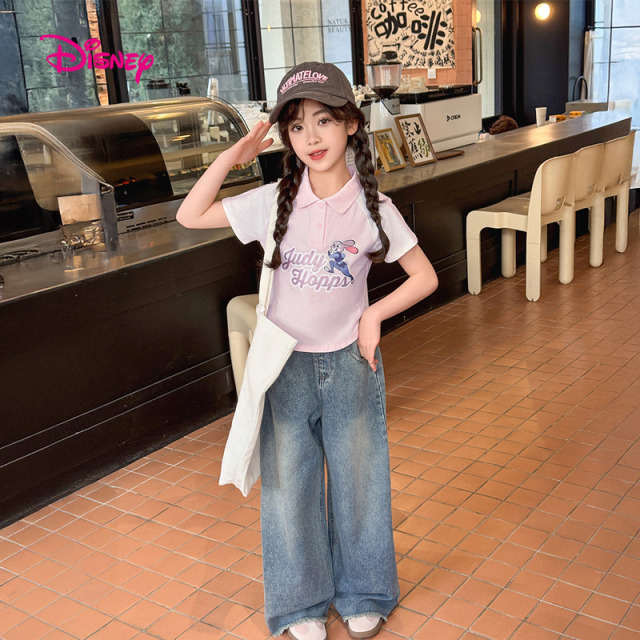 12075472.迪士尼女童短袖POLO衫透气中大童休闲上衣夏季弧形下摆(N朱迪奔跑)