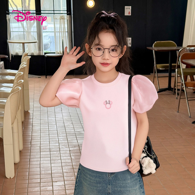 12132278.【闪缎泡泡袖】迪士尼女童短袖T恤正肩烫钻米妮上衣(N闪亮米妮)