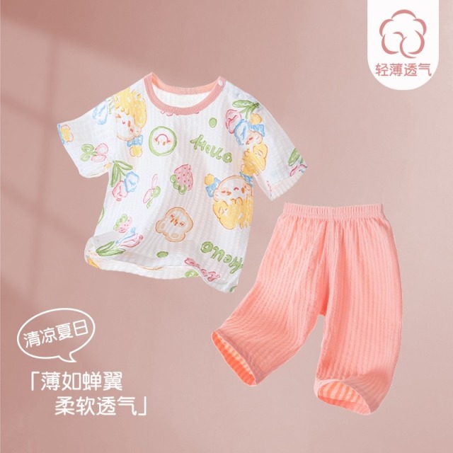 13640604.宝宝夏季套装分体短袖空调服夏薄款纯棉家居七分裤女宝宝夏天睡衣服