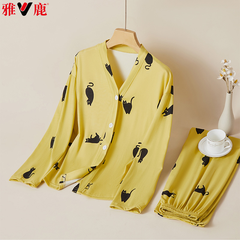 13174063.雅鹿2026年新款女士长袖长裤V领家居服套装 可爱印花和服款睡衣套装