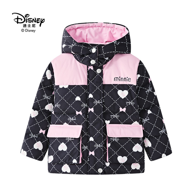 13642403.Disney/迪士尼冬季男女童加厚保暖白鸭绒连帽趣萌印花撞色时尚满印羽绒服（50绒）