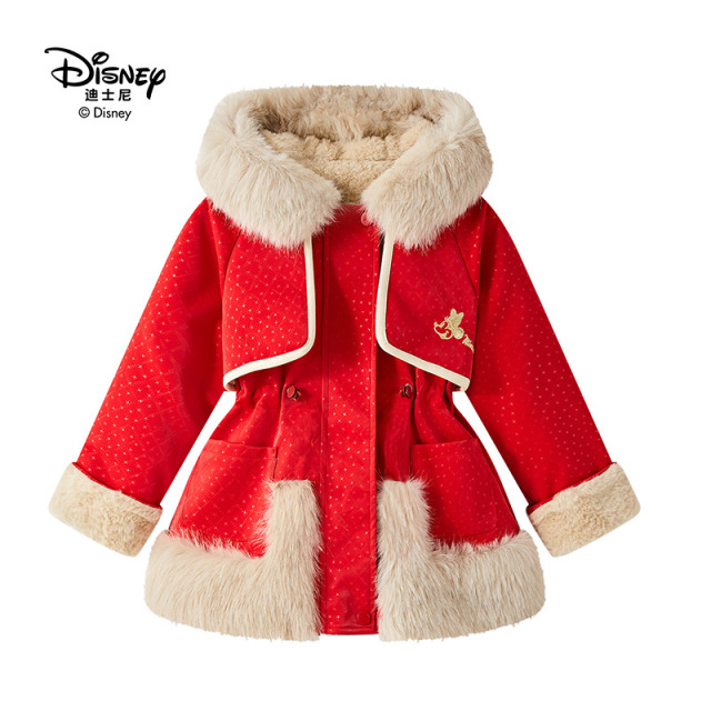 13641750.Disney/迪士尼冬季新款新年女童星光皮衣外套中长款加绒毛领大衣