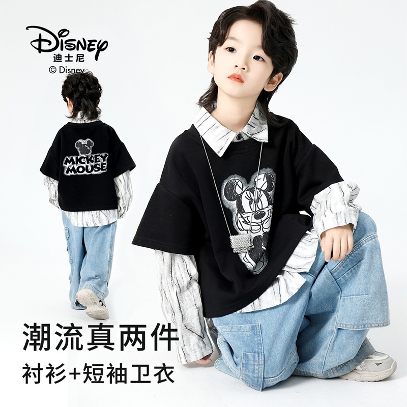 13641803.Disney/迪士尼男童亲肤透气印花潮流衬衫半袖真两件套装