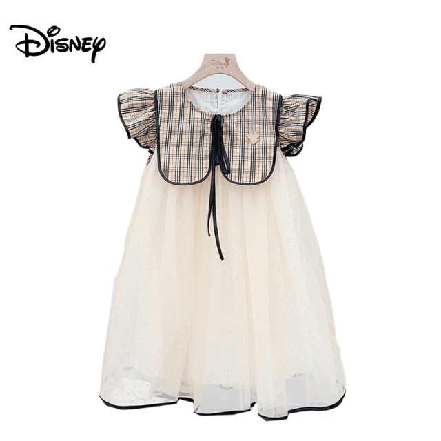 13641802.Disney/迪士尼女童公主裙花边袖拼接格子连衣裙
