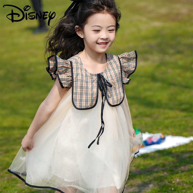 13641802.Disney/迪士尼女童公主裙花边袖拼接格子连衣裙