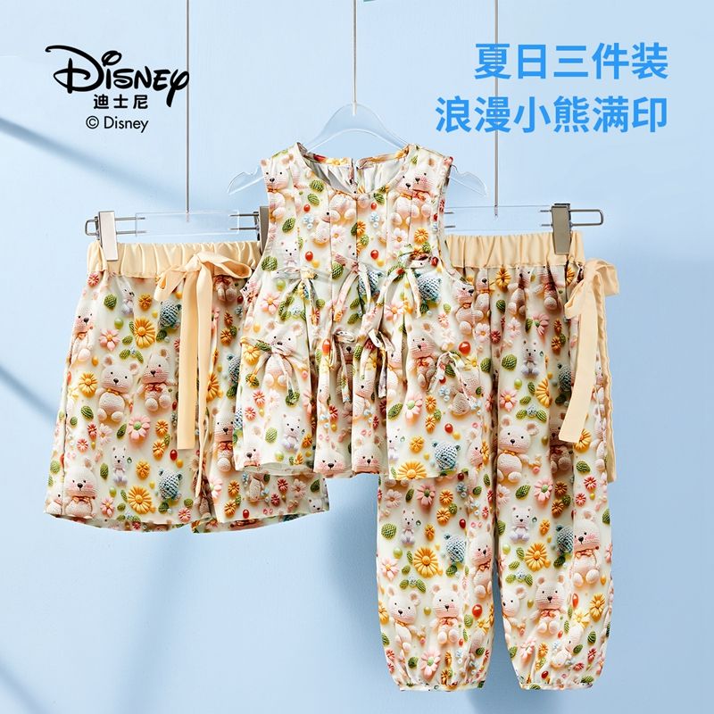 13641782.迪士尼无袖夏季儿童套装休闲女童三件套时尚阔腿印花小碎花