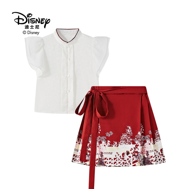 13642316.Disney/迪士尼国风马面裙女童套装夏季中国红典雅轻盈休闲透气儿童古风两件套