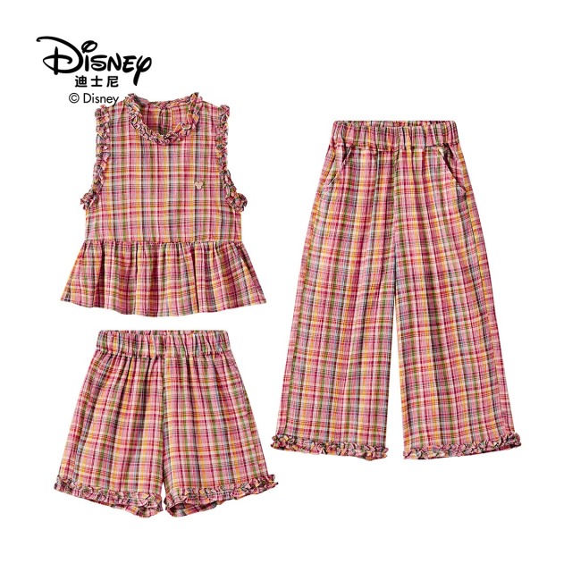 13642287.Disney/迪士尼女童夏季无袖透气亲肤彩格上衣短裤长裤三件套