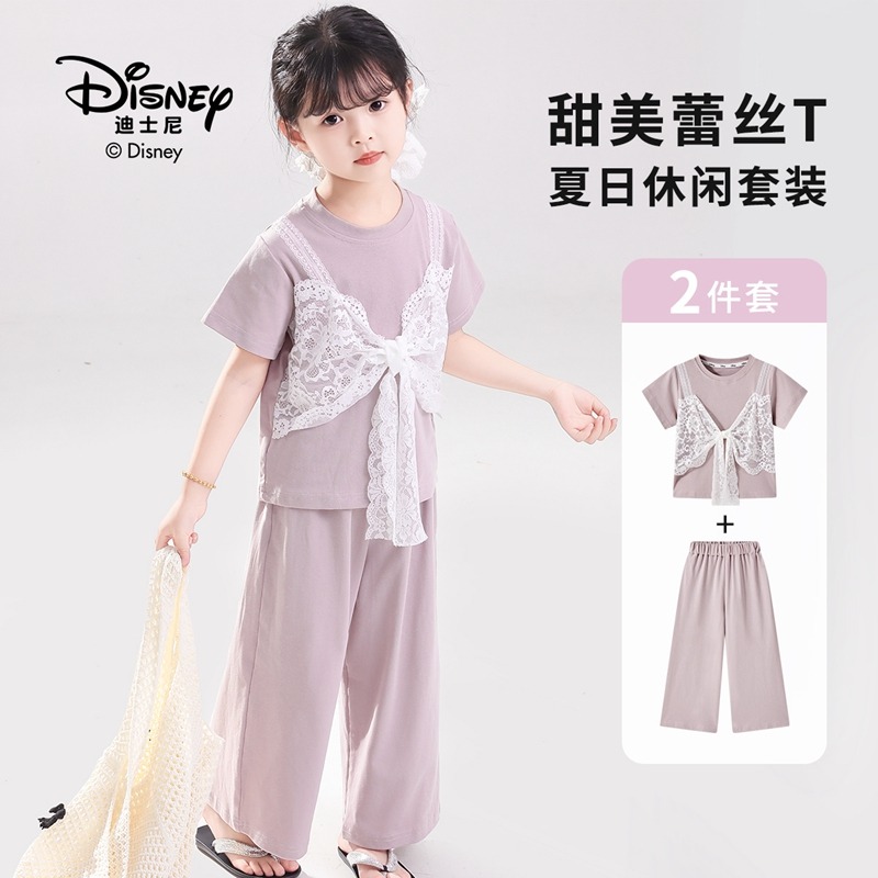 13642286.Disney/迪士尼夏季儿童洋气甜美蕾丝T清凉阔腿裤夏日休闲套装