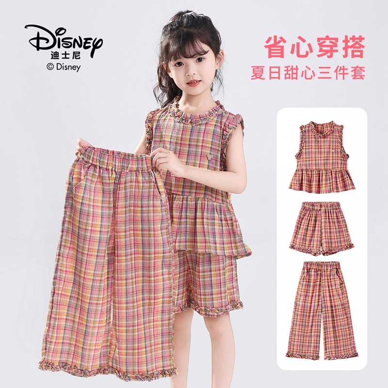 13642287.Disney/迪士尼女童夏季无袖透气亲肤彩格上衣短裤长裤三件套