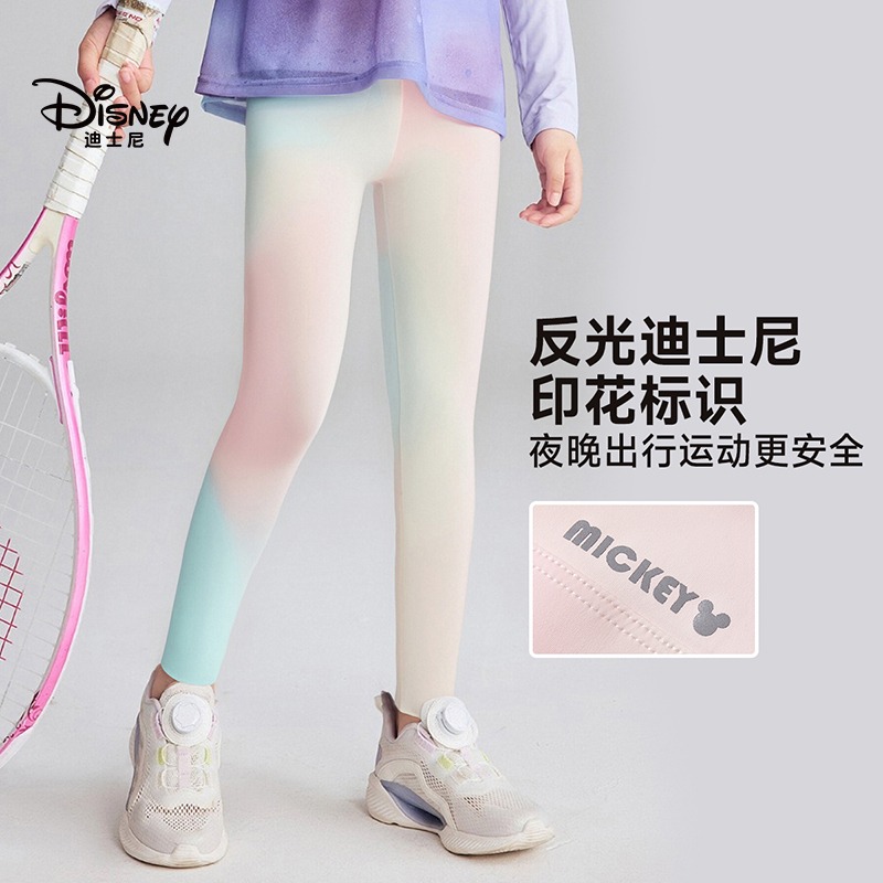 13642284.迪士尼女童夏季炫彩花纹加宽高腰打底裤舒适儿童运动裤