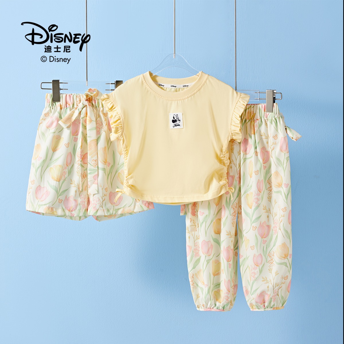 13642280.Disney/迪士尼女童夏季T恤薄款超仙洋气蝴蝶结长短裤时尚碎花套装