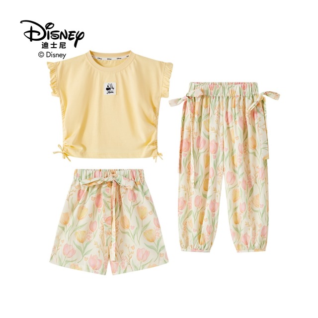 13642280.Disney/迪士尼女童夏季T恤薄款超仙洋气蝴蝶结长短裤时尚碎花套装