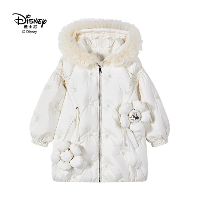 13642275.Disney/迪士尼新款女童冬季米妮立体花朵保暖羽绒服连帽中长款