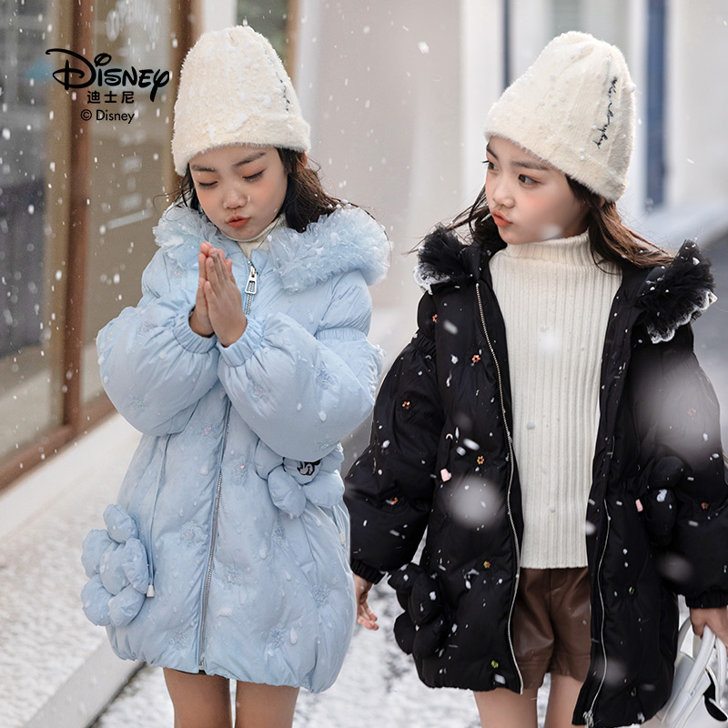 13642275.Disney/迪士尼新款女童冬季米妮立体花朵保暖羽绒服连帽中长款