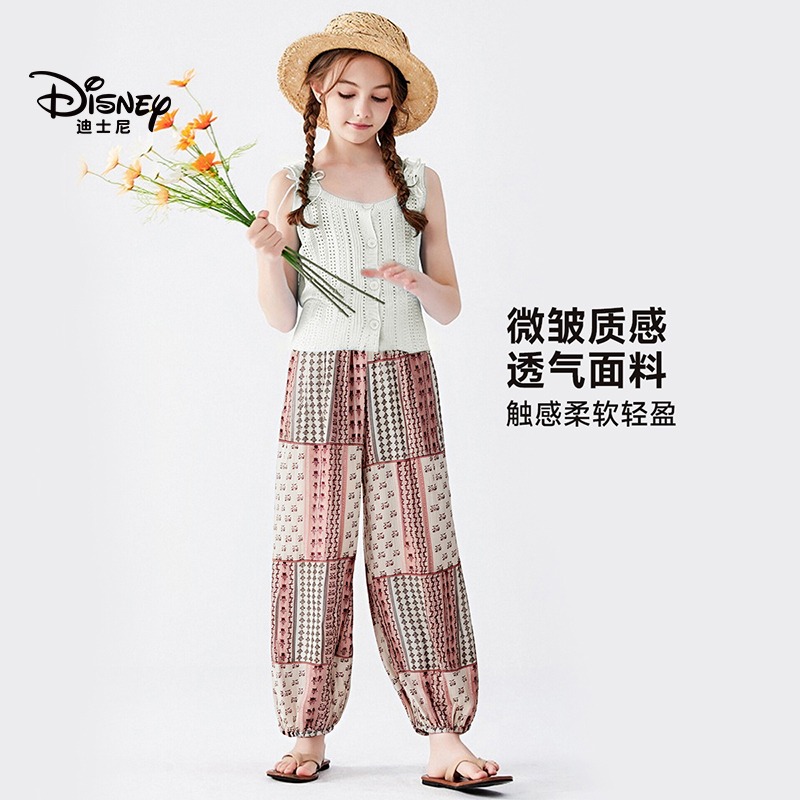 13642269.迪士尼女童夏季轻盈透气民族风拼接印花莱赛尔防蚊裤萝卜裤