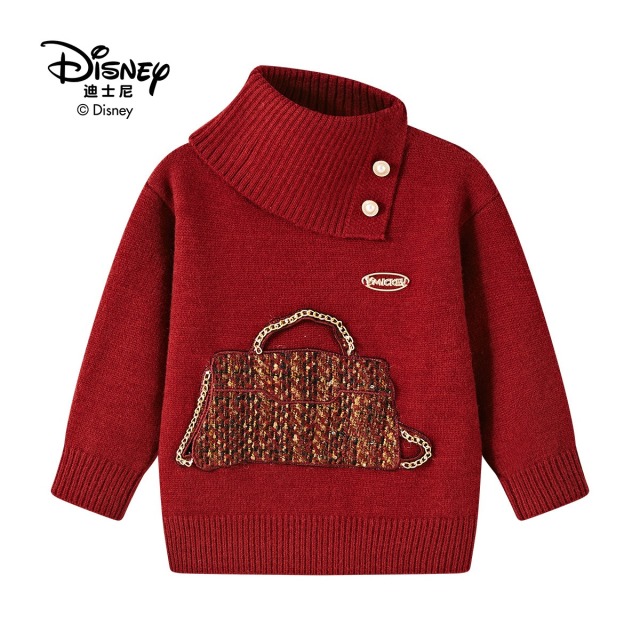 13642236.Disney/迪士尼女童时尚潮流手提包个性贴布（非口袋）侧翻领保暖高领毛衣