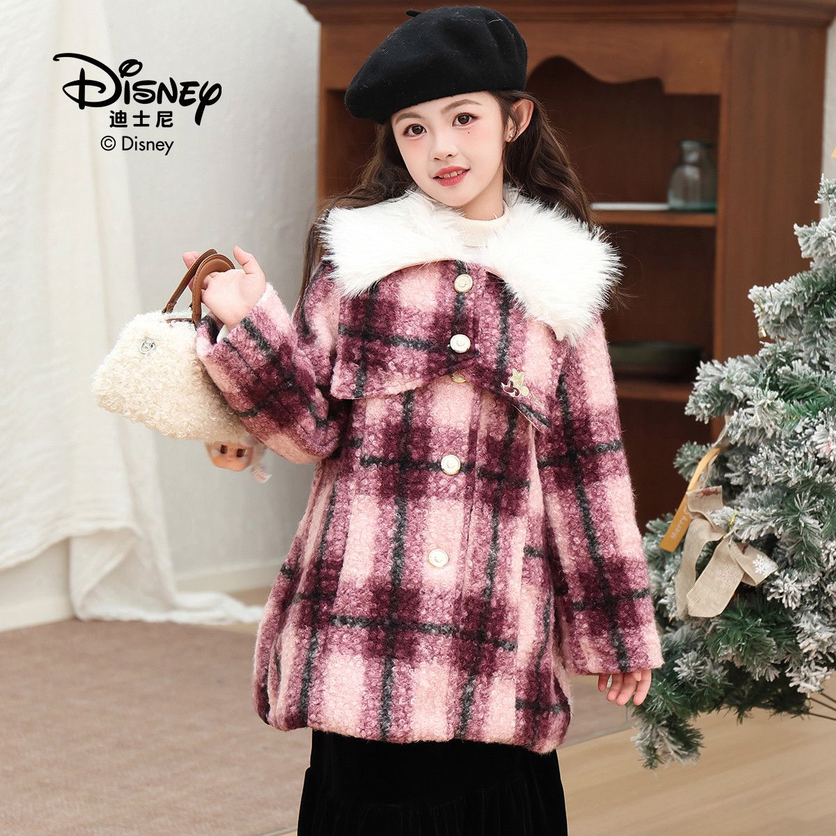 13642163.Disney/迪士尼女童可拆卸毛领时尚有型呢大衣外套