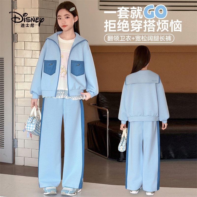 13642155.迪士尼女童春季海军领落肩袖卫衣宽松阔腿长裤两件套套装