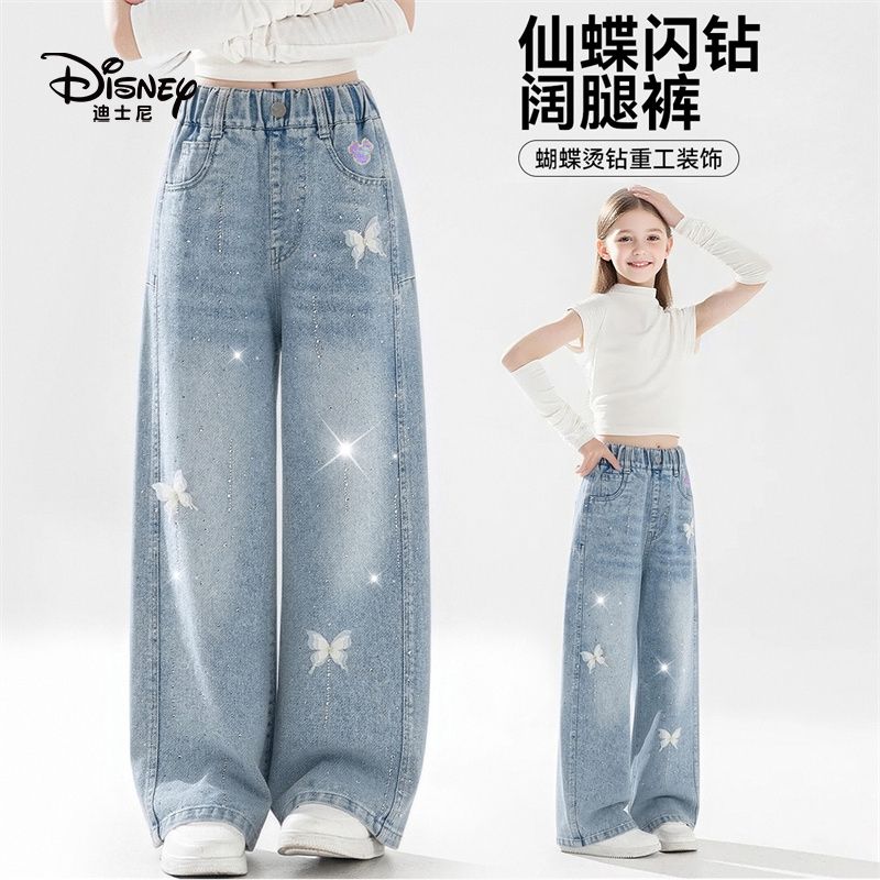 13642138.迪士尼女童春季清新仙碟闪钻重工装饰阔腿裤牛仔裤