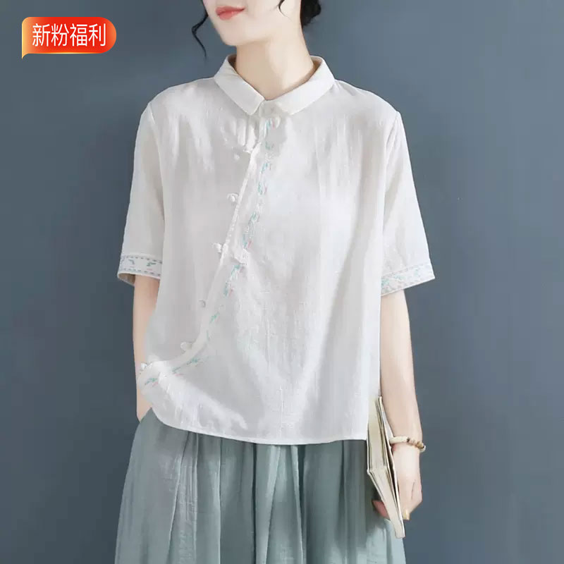 13459156.初云紫衣春夏装 女复古文艺短袖翻领斜襟刺绣套头衬衫上衣禅意茶服1001