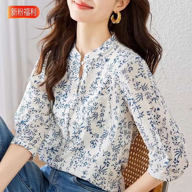 13459106.初云紫衣春夏装 女小清新碎花短袖上衣时尚百搭小衫青花瓷印花衬衫3690