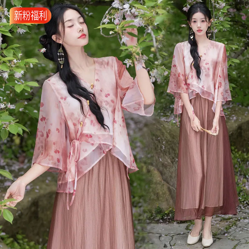 13459634.初云紫衣春夏装 女国风印花盘扣V领七分袖古典汉服上衣半身裙套装2311