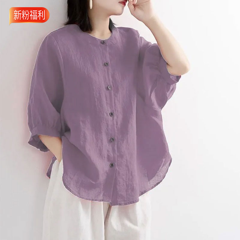 13458931.初云紫衣春秋装 女复古文艺上衣宽松显瘦中袖衬衣灯笼袖衬衫8801