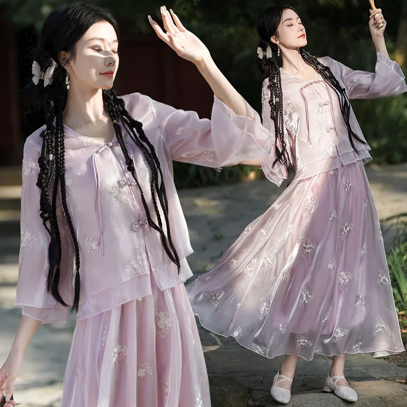 13459391.初云紫衣春夏装 女中式改良刺绣盘扣V领开衫民族风中袖半身裙套装2330