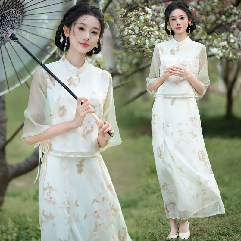 13459393.初云紫衣春夏装 女新中式立领盘扣斜襟印花中袖国风上衣半身裙套装2306