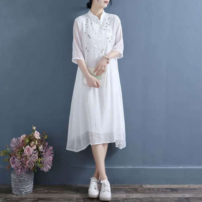 13460329.初云紫衣春夏 女文艺立领七分袖茶服中式复古宽松双层连衣裙6231
