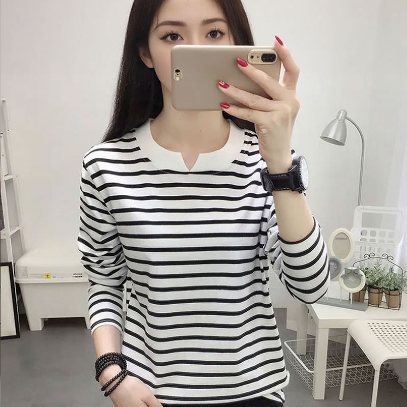 13458914.初云紫衣春秋装 女韩版长袖小V领条纹显瘦外穿百搭打底衫上衣0681