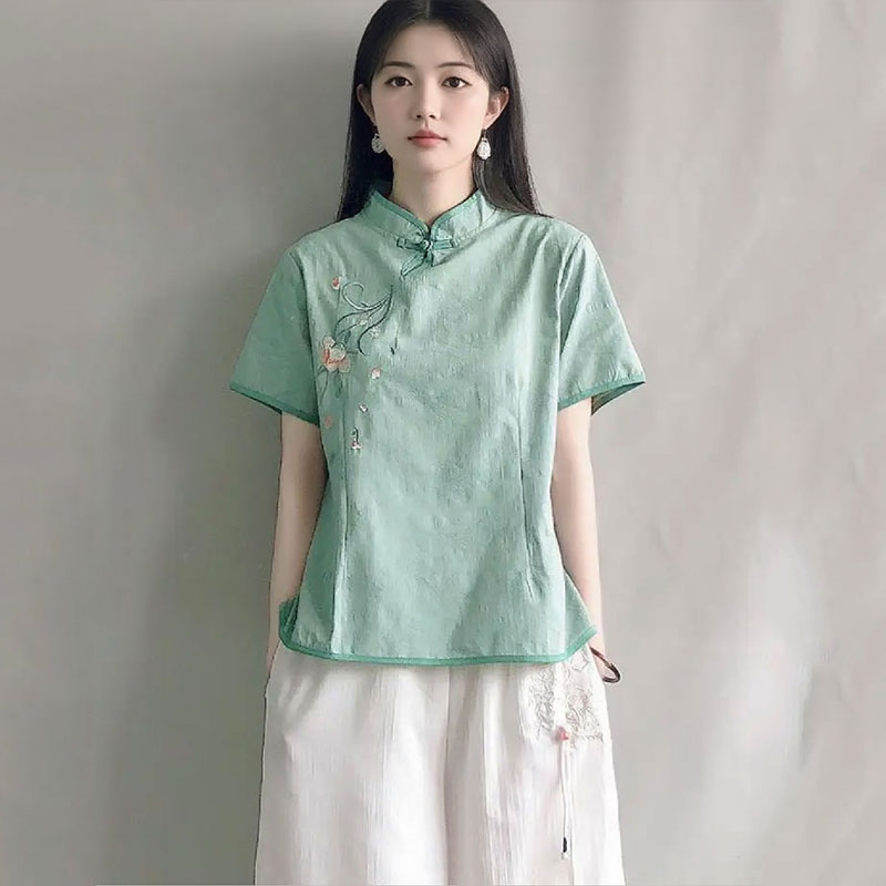 13460528.初云紫衣春夏装 女文艺复古提花中式禅意立领盘扣上衣短袖衬衫1117