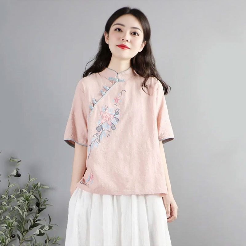 13460488.初云紫衣春夏装 女新中式复古盘扣上衣禅意茶服短袖刺绣文艺衬衫6288