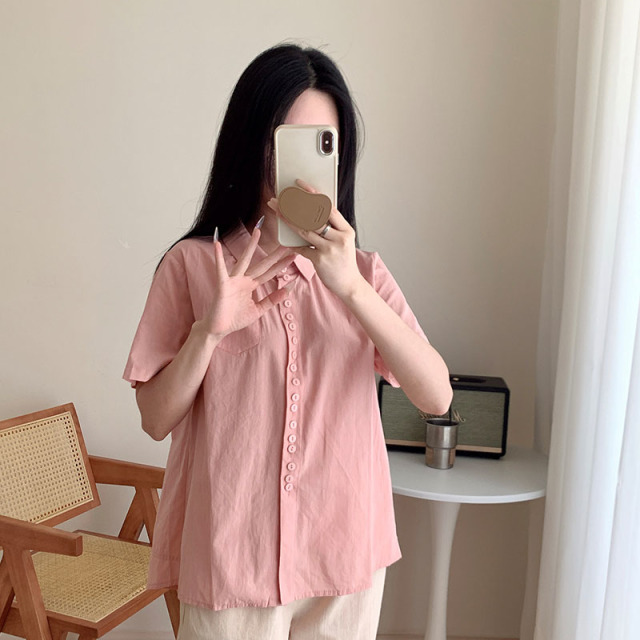13459163.初云紫衣春夏装 女复古文艺气质衬衫单排多扣衬衣翻领宽松纯色上衣1011