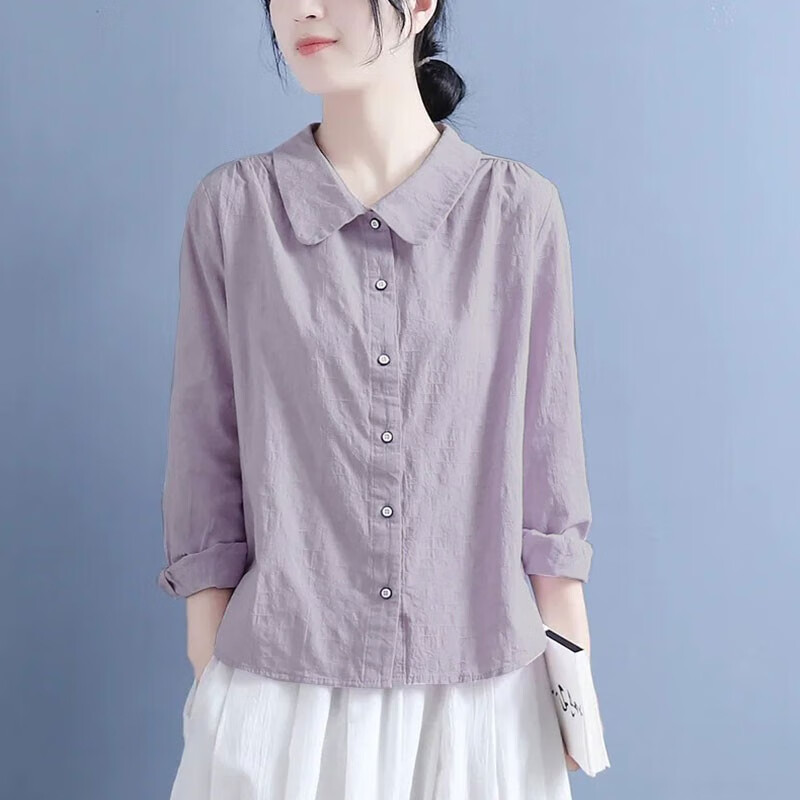 13459949.初云紫衣春秋装 女文艺复古风POLO领百搭提花休闲宽松长袖衬衫8002